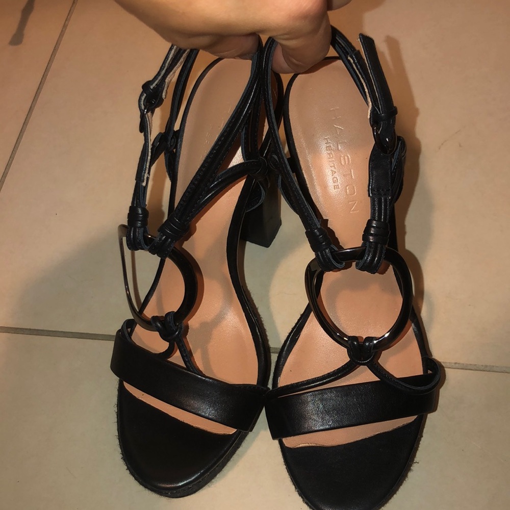 Halston platform black heel metal detail front 7